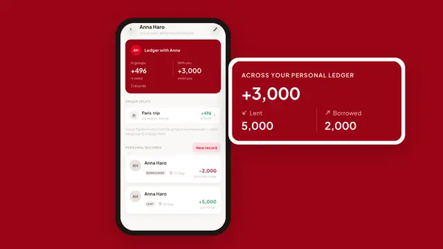 Catatan pribadi di Half Tab yang menampilkan uang yang dipinjamkan ke dan dipinjam dari seorang teman