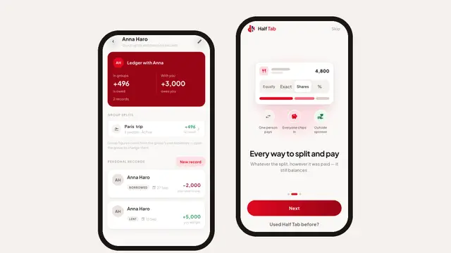Two Half Tab screens: a ledger with one friend showing group splits and personal records, and the four split modes with three ways to pay