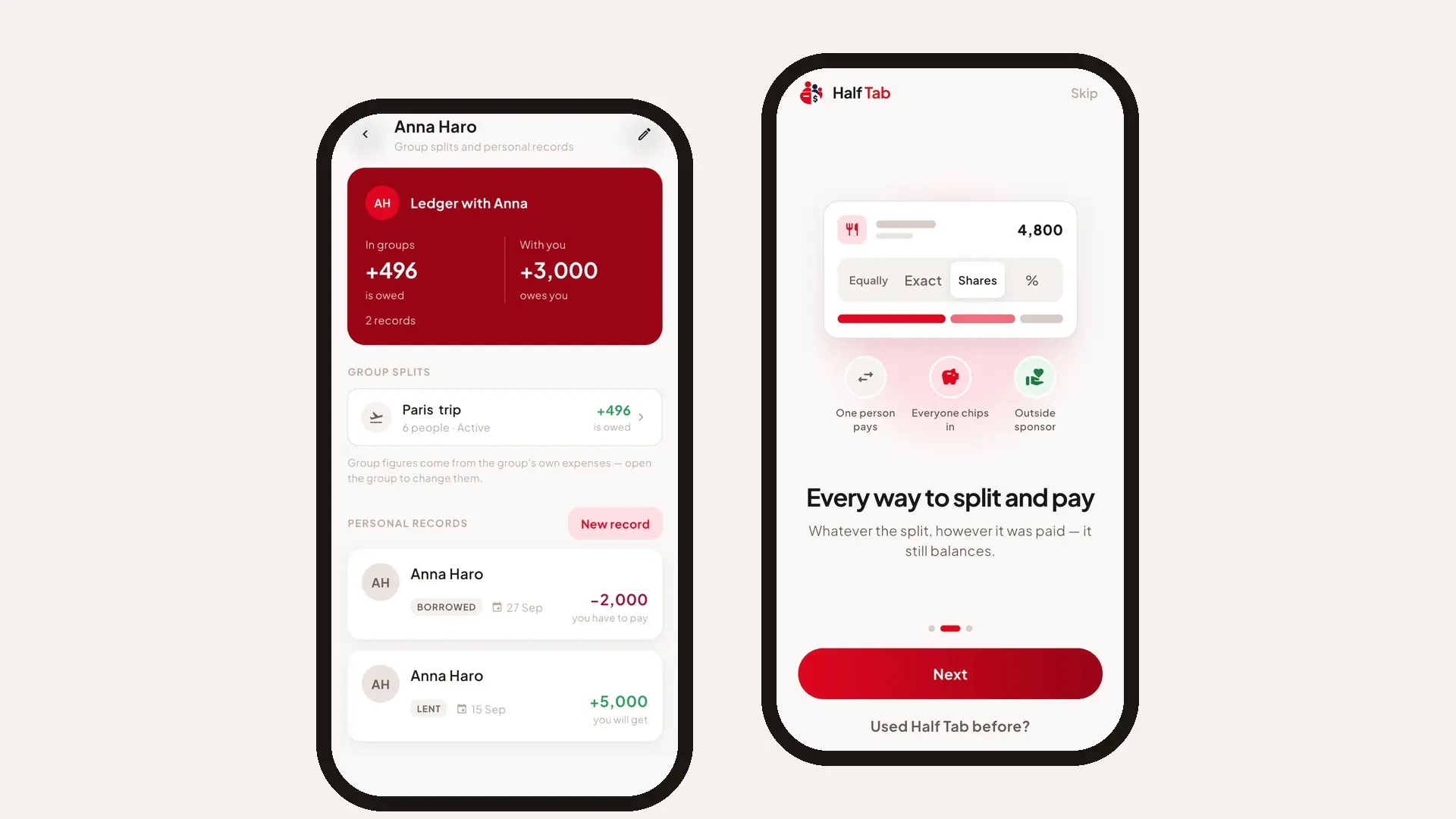 Two Half Tab screens: a ledger with one friend showing group splits and personal records, and the four split modes with three ways to pay