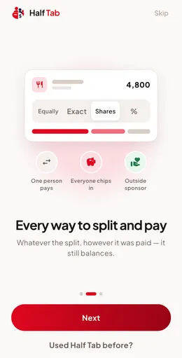 Pilihan pembagian di Half Tab: sama rata, nominal pasti, porsi, dan persen